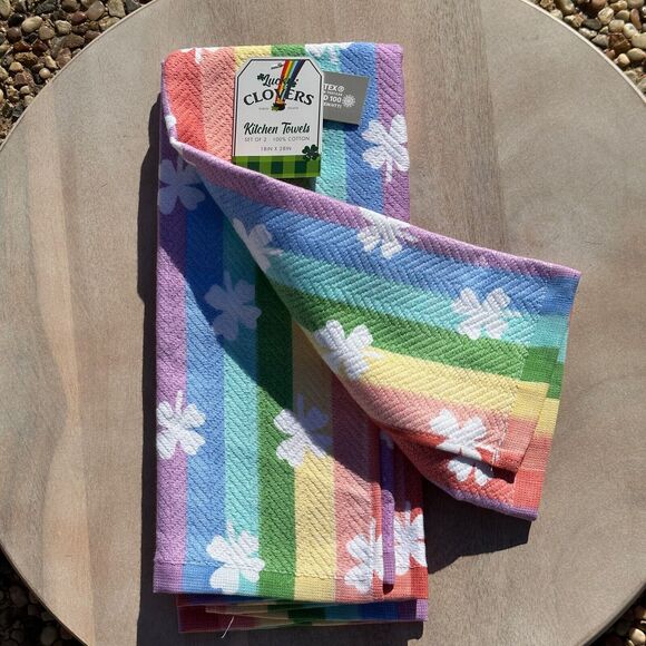 Lucky Clover Set of 2 Kitchen Towels Rainbow Saint Patricks Day Clover Towels - Picture 3 of 6